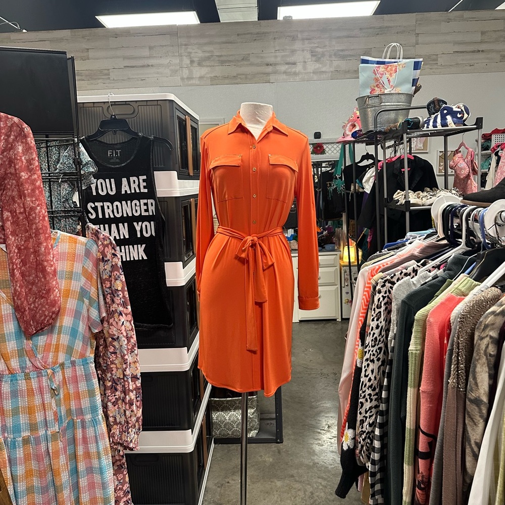 Calvin Klein Bright Orange Long Sleeve Shirt Dress